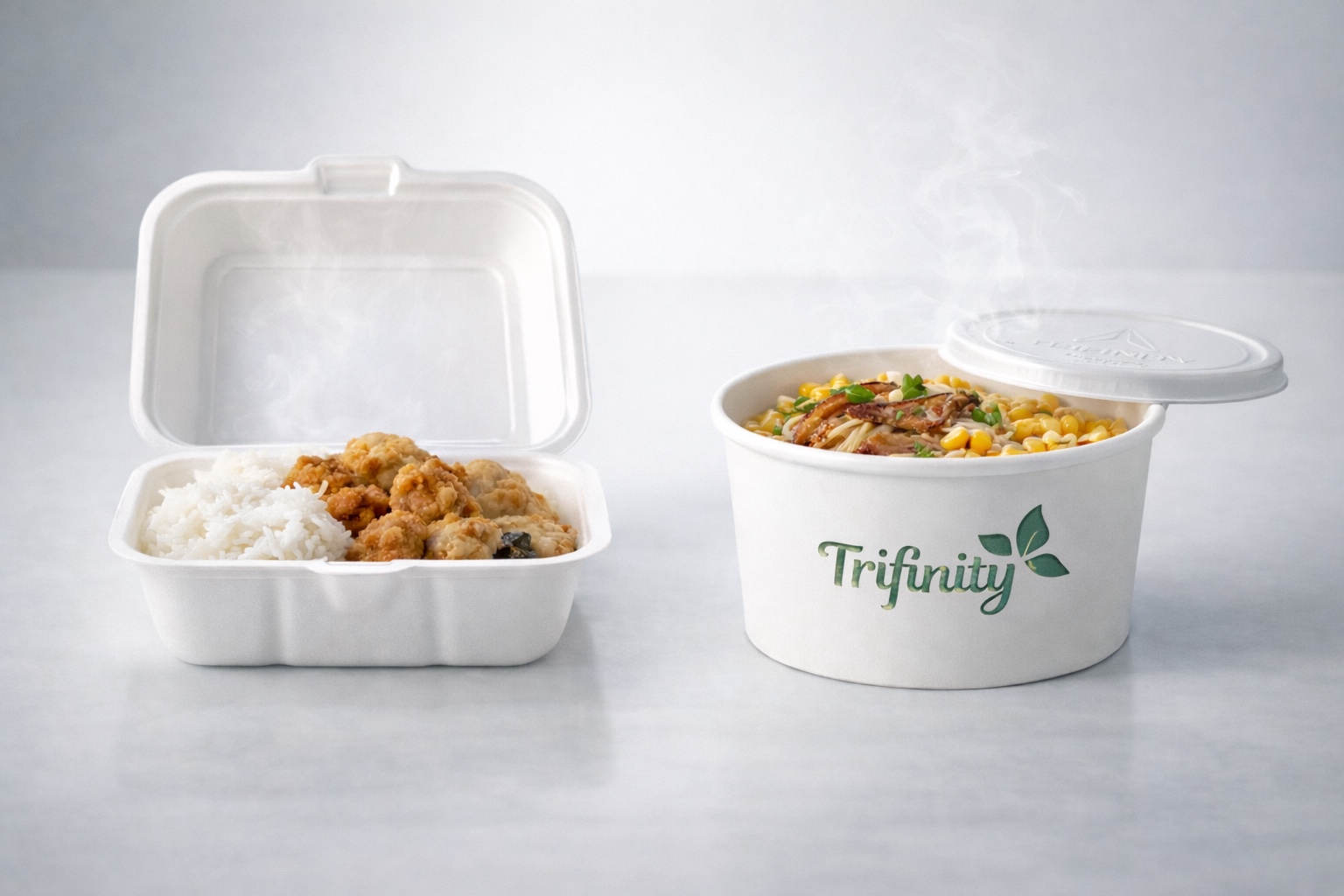 Transformasi kemasan: Tinggalkan Styrofoam yang berisiko bagi kesehatan (kiri) dan beralihlah ke Paper Bowl Trifinity (kanan) yang tahan panas, anti-bocor, dan Food Grade. Investasi kecil untuk kesehatan konsumen dan citra premium bisnis Anda