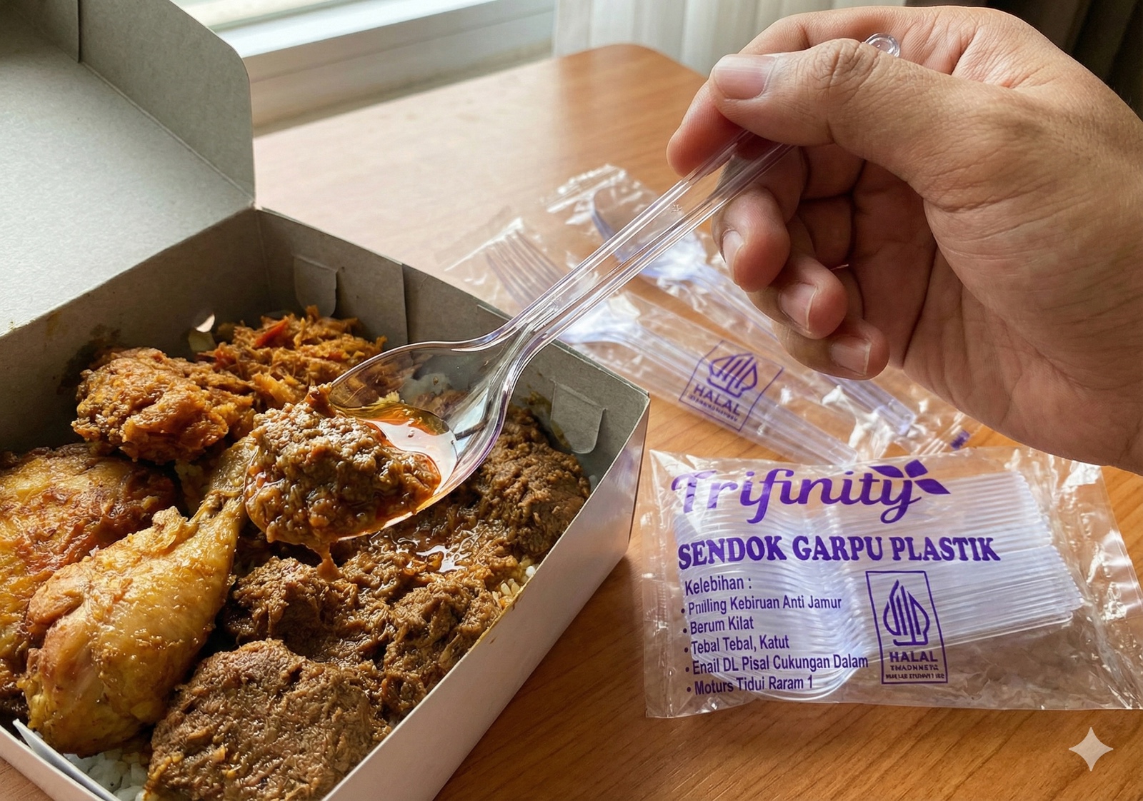 Uji ketahanan sendok plastik Trifinity: Ditekuk tidak mudah patah, pinggiran halus tanpa sisa plastik tajam, dan bersertifikat Food Grade. Jaminan keamanan dan kenyamanan di setiap suapan pelanggan Anda.