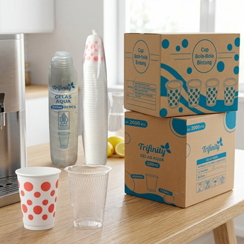 Gelas AMDK 220ml Trifinity: pilih Ulir PP yang ekonomis dan kokoh, atau Polkadot tebal untuk tampilan minuman yang lebih premium.