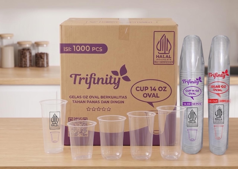 Gelas Oz Oval Trifinity 7 Gram, dinding merata, kuat saat di-seal