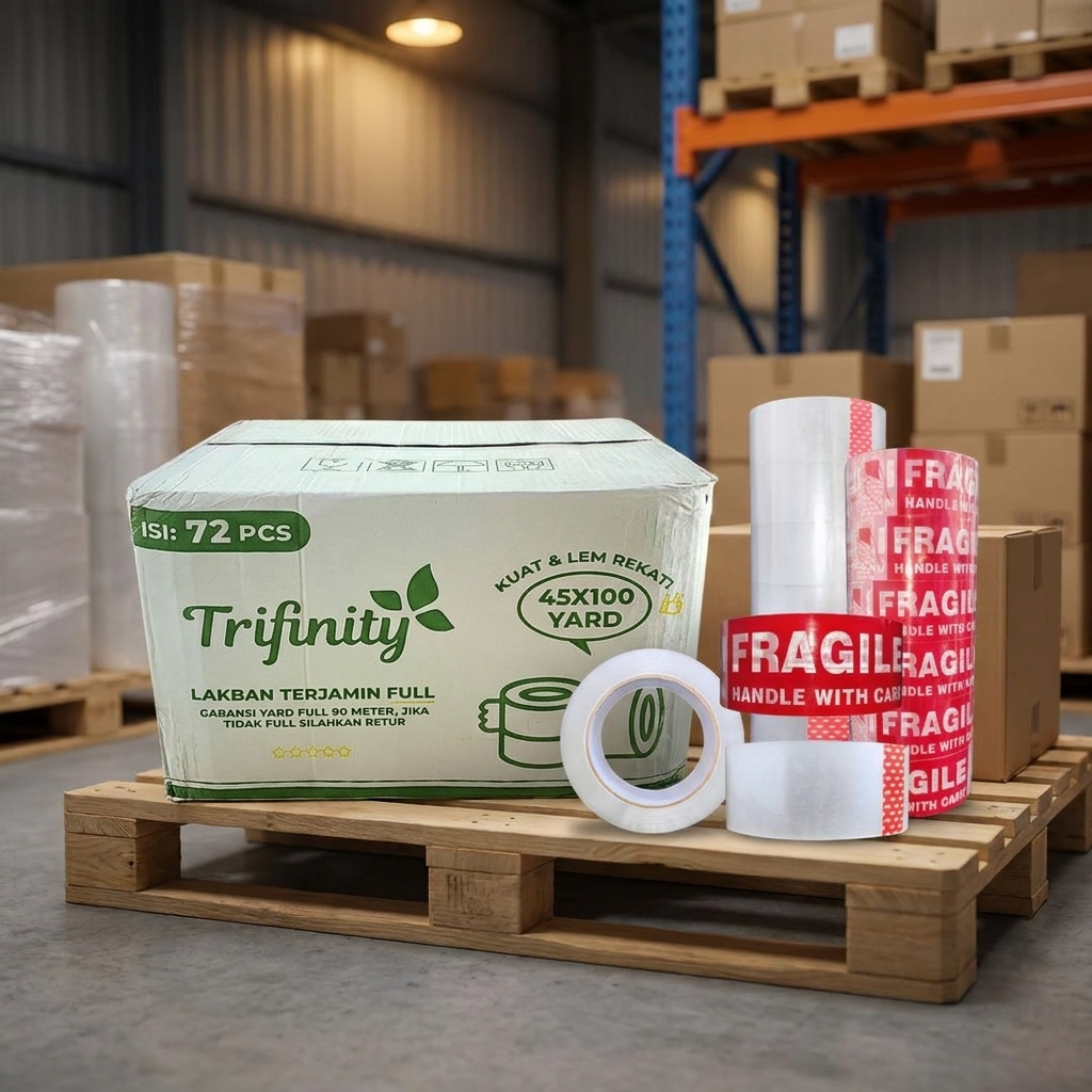 Lakban Bening dan Fragile Trifinity dengan garansi full 90 meter, daya rekat kuat, halal, dan tersedia grosir langsung dari pabrik.