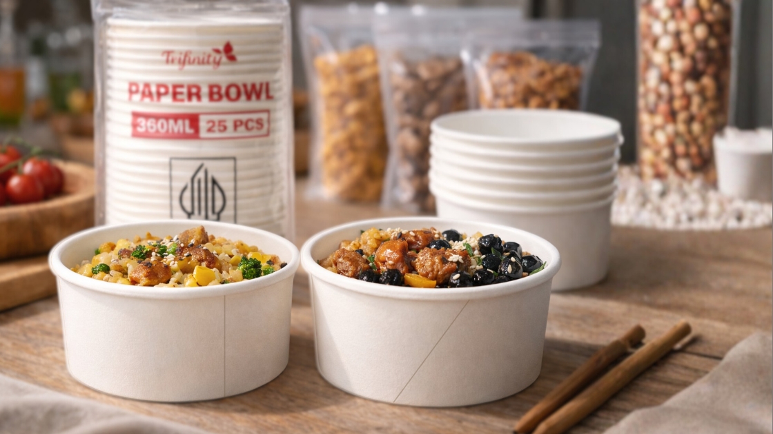 Paper Bowl Trifinity dengan laminasi dalam merata dan sambungan lurus (vertical seam) untuk mengurangi risiko bocor saat pengiriman