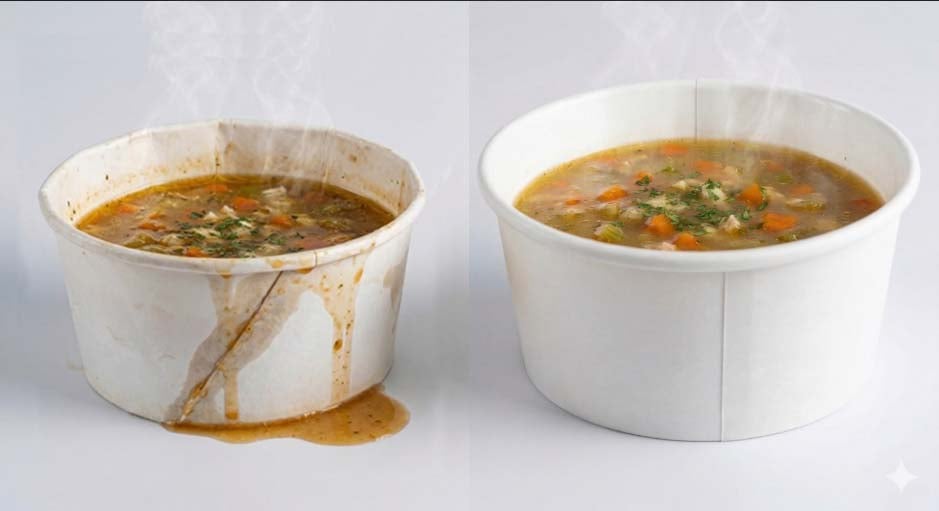 Perbandingan Paper Bowl 650ml Trifinity ukuran real, sambungan lurus, aman bocor, bisa untuk berkuah, tutup bodi klop, dengan paper bowl merek lain ukuran kecil, sambungan serong, rawan bocor, tutup bodi tidak klop