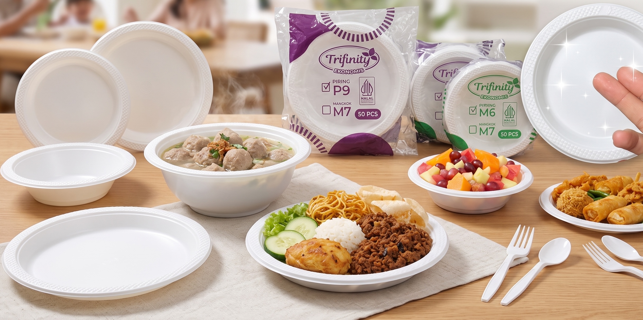 Piring Mangkok Trifinity: Berbahan HIPS, tebal, tahan panas, food grade, bebas serbuk, dan putih bersih cemerlang