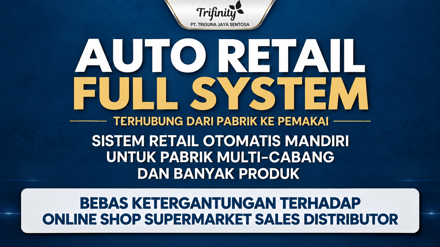 Sistem retail otomatis mandiri dr pabrik lsg ke pemakai. Menghubungkan iklan, chat, online, harga, pesanan, pembayaran, gudang, hingga pengiriman dlm 1 alur. Untuk pabrik multi-cabang & banyak produk, shg kurangi ketergantungan pd marketplace, sales, distributor & supermarket.