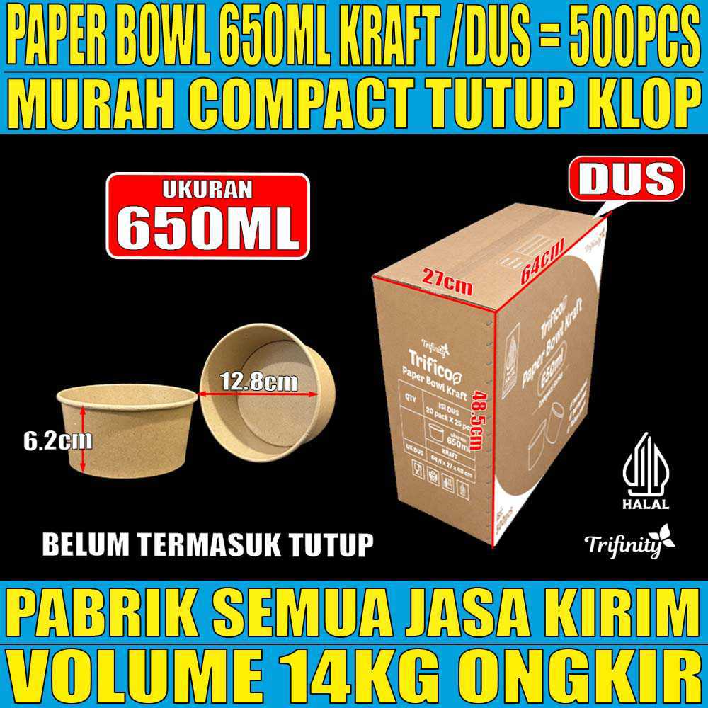 Paper Bowl TRIFICO 650ml Coklat Dus 500pcs Tebal 10,5gr ori