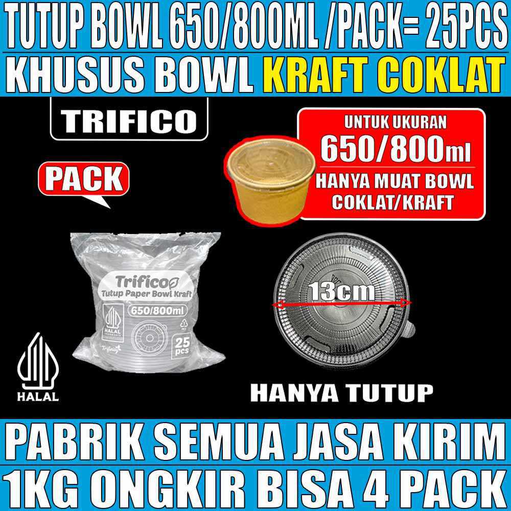 Tutup Paper bowl Coklat u 650ml n 800ml TRIFICO PACK 25pcs