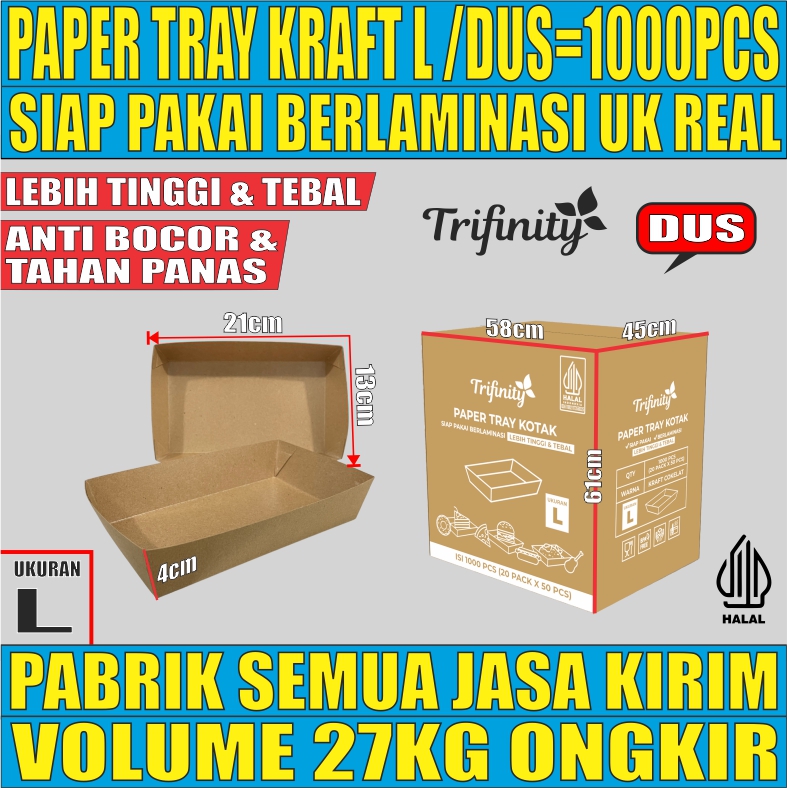 Tray Paper Kraft L Dus 1000pcs Trifinity Halal 290gsm Tebal 13.4gr tms