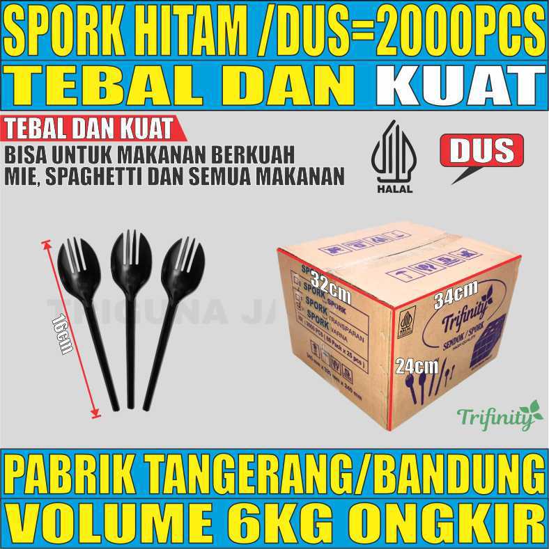 Spork Hitam Dus 2in1 Trifinity Tebal Kuat 2000pcs Halal Tebal 3.3gr